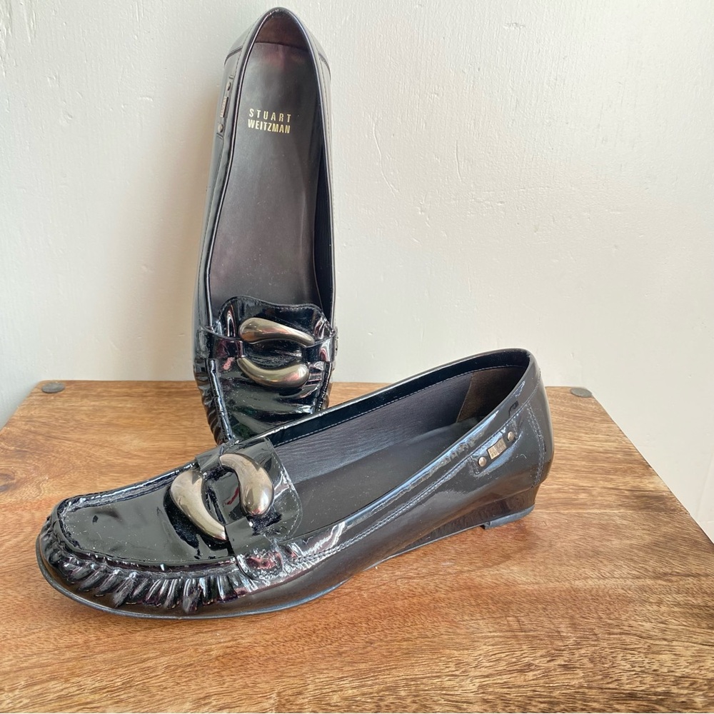 Stuart Weitzman Black Patent Wedge Penny Loafer Buckle Old Money Collegiate 10
